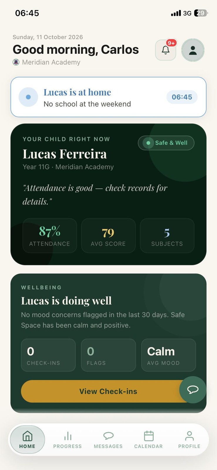 Parent app with live safety card