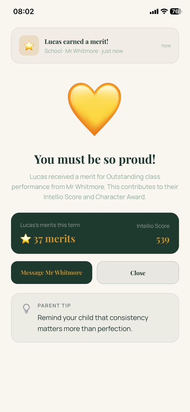 Parent sees a merit Lucas just earned