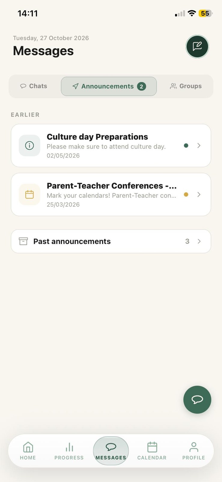Parent announcements screen