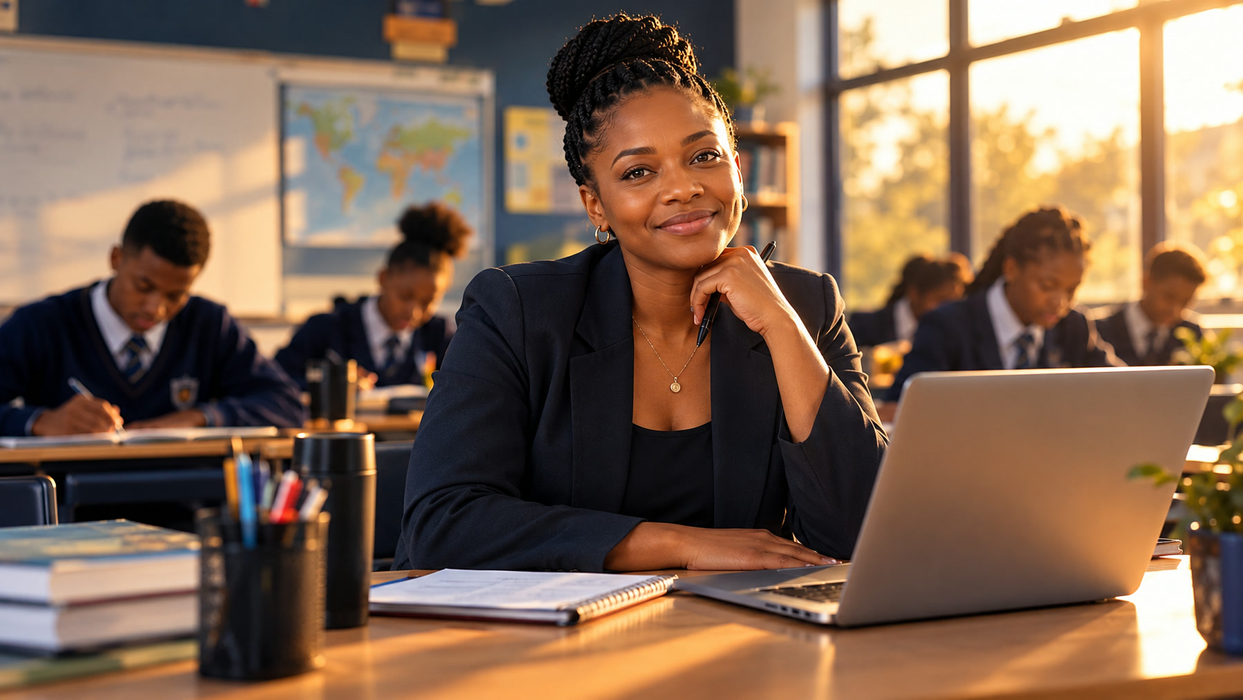 A teacher at her desk with students working behind her
